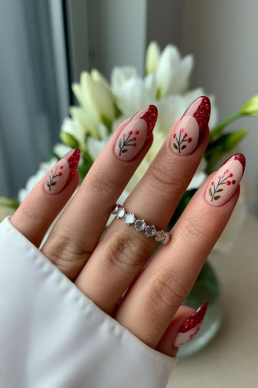 june nail art ideas 2025 Berry Sparkle Meets Botanical Detail
