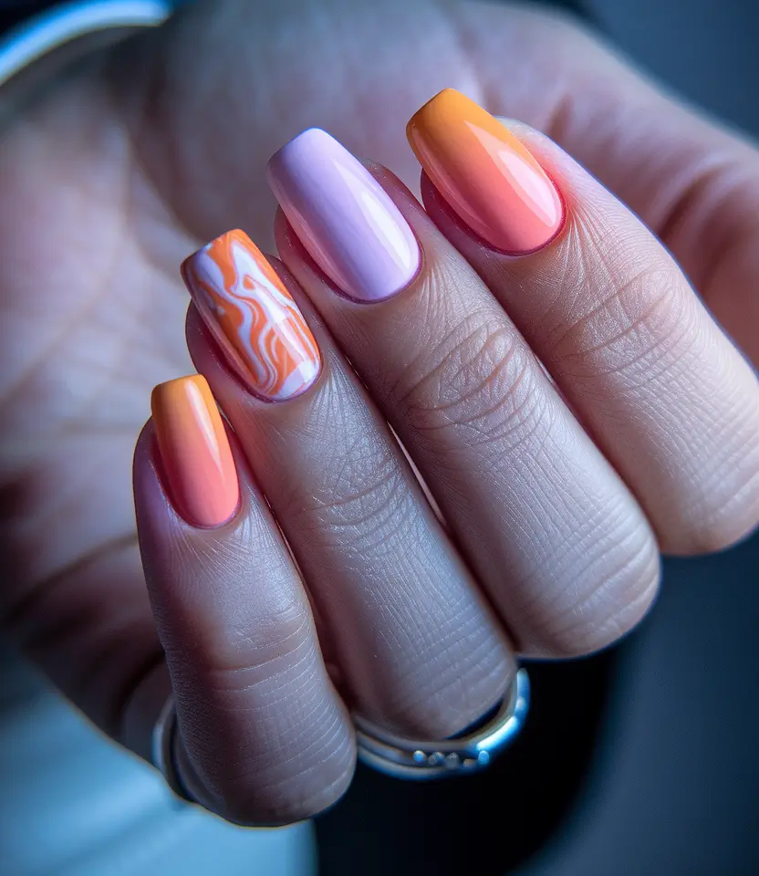 june nail art ideas 2025 Peach Sherbet Ombre and Marble Fusion