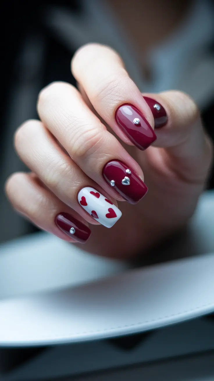 june nail art ideas 2025 Bold Burgundy Hearts