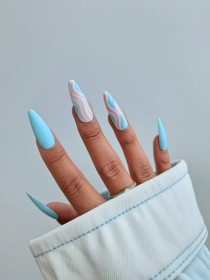 june nail art ideas 2025 Baby Blue Waves