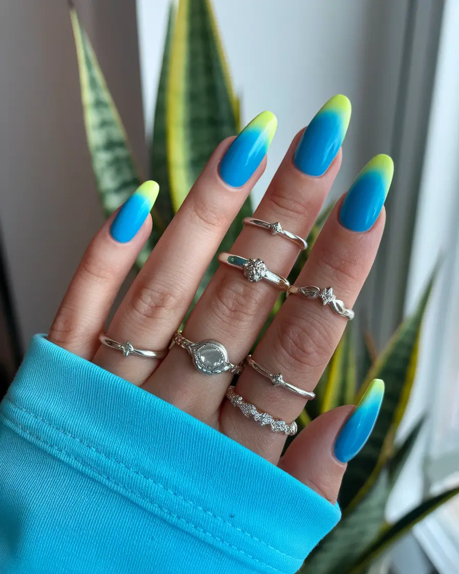june nails color ideas Blue and Yellow Ombre