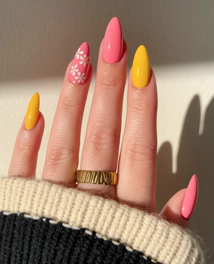 june nails color ideas Sunshine and Pink Blossoms