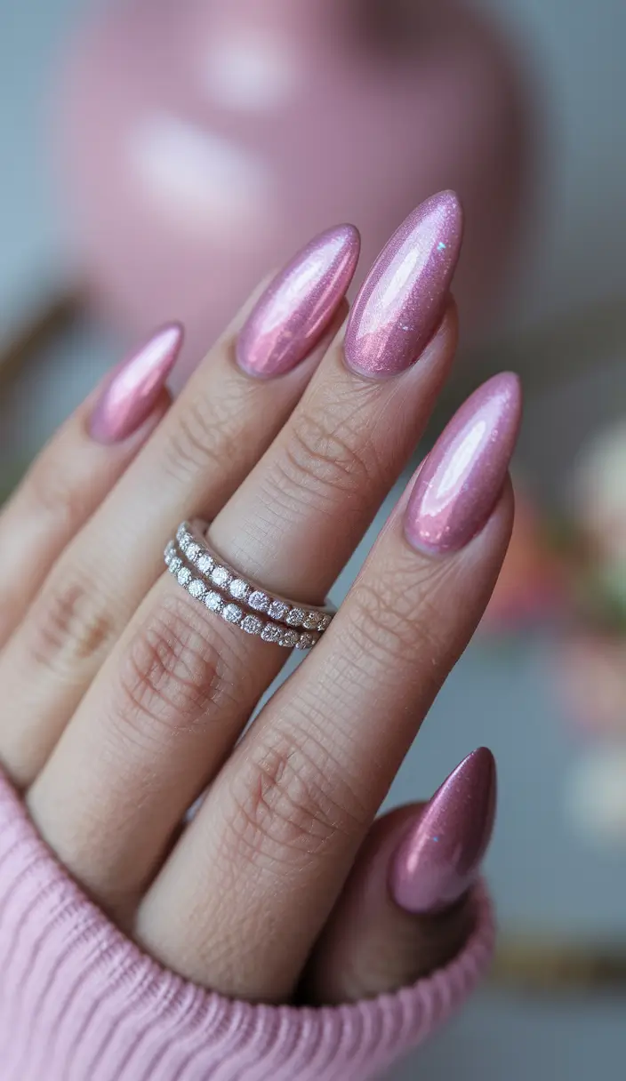 june nails color ideas Pink Metallic Almonds
