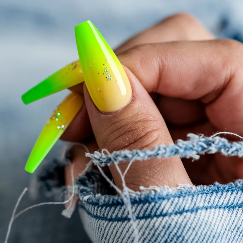 neon summer nail ideas Electric Lemon Fade with Glitter Spark