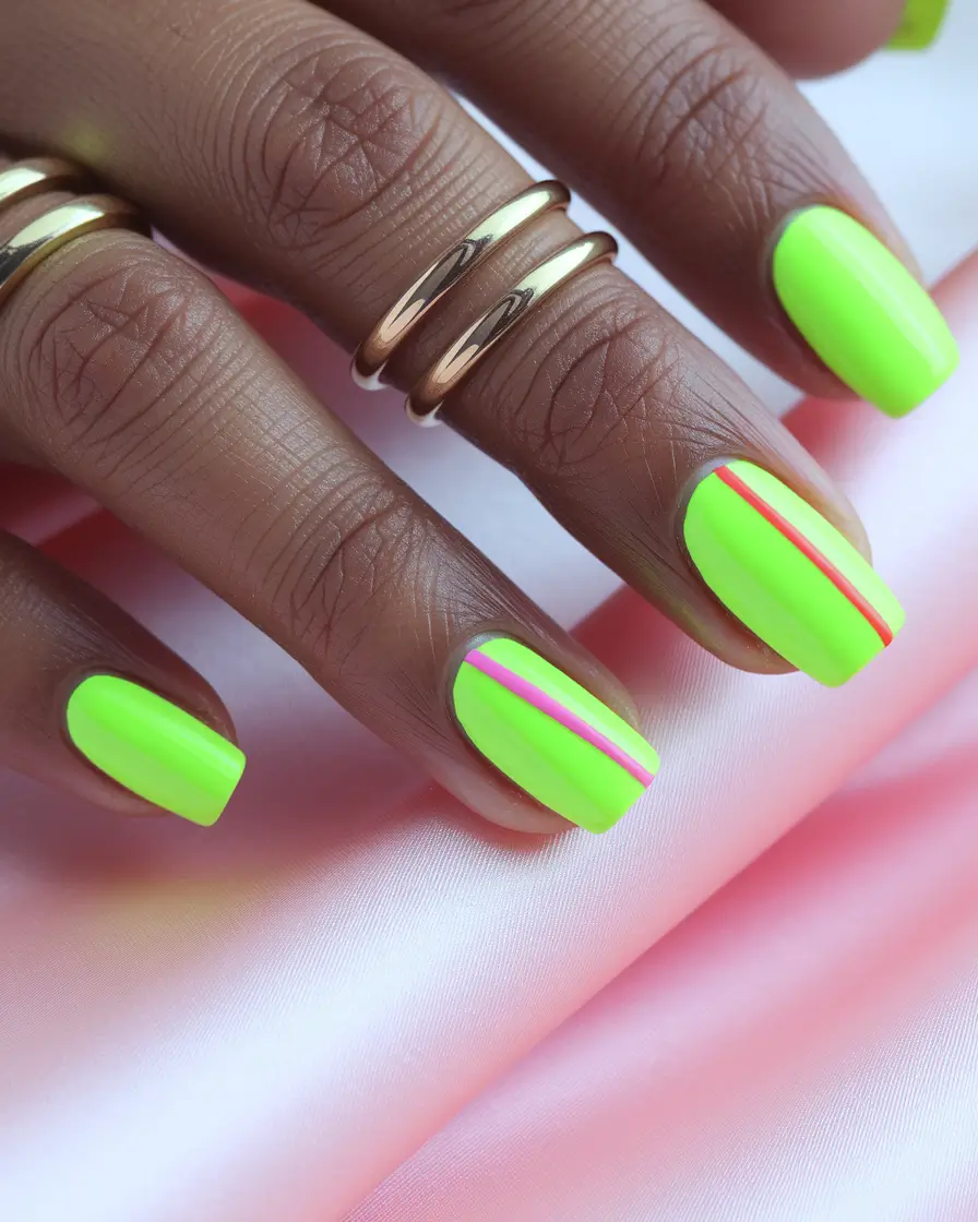 neon summer nail ideas Neon Green with a Pink Racing Stripe