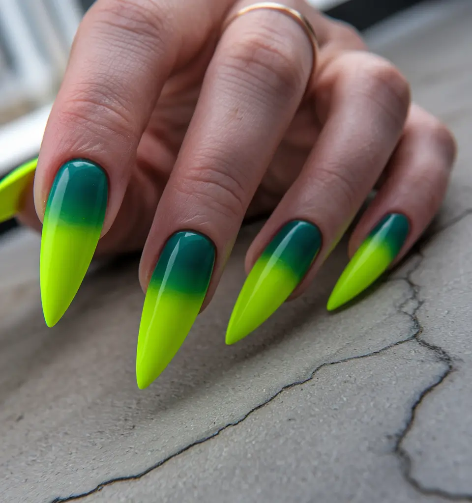 neon summer nail ideas Green Fade with a Stinger Point