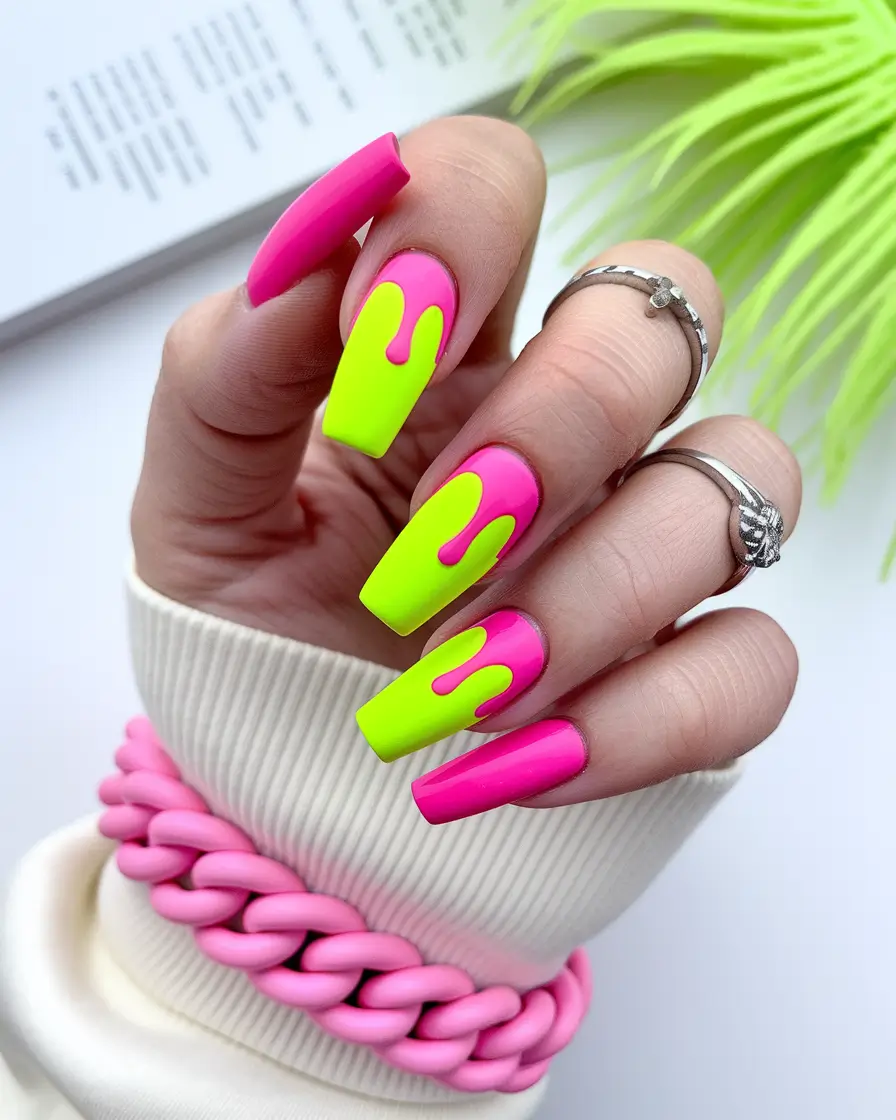 neon summer nail ideas Pink Drip and Highlighter Neon