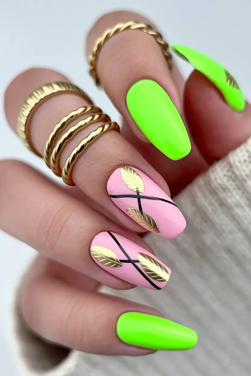 neon summer nail ideas Golden Leaves on Pink and Neon
