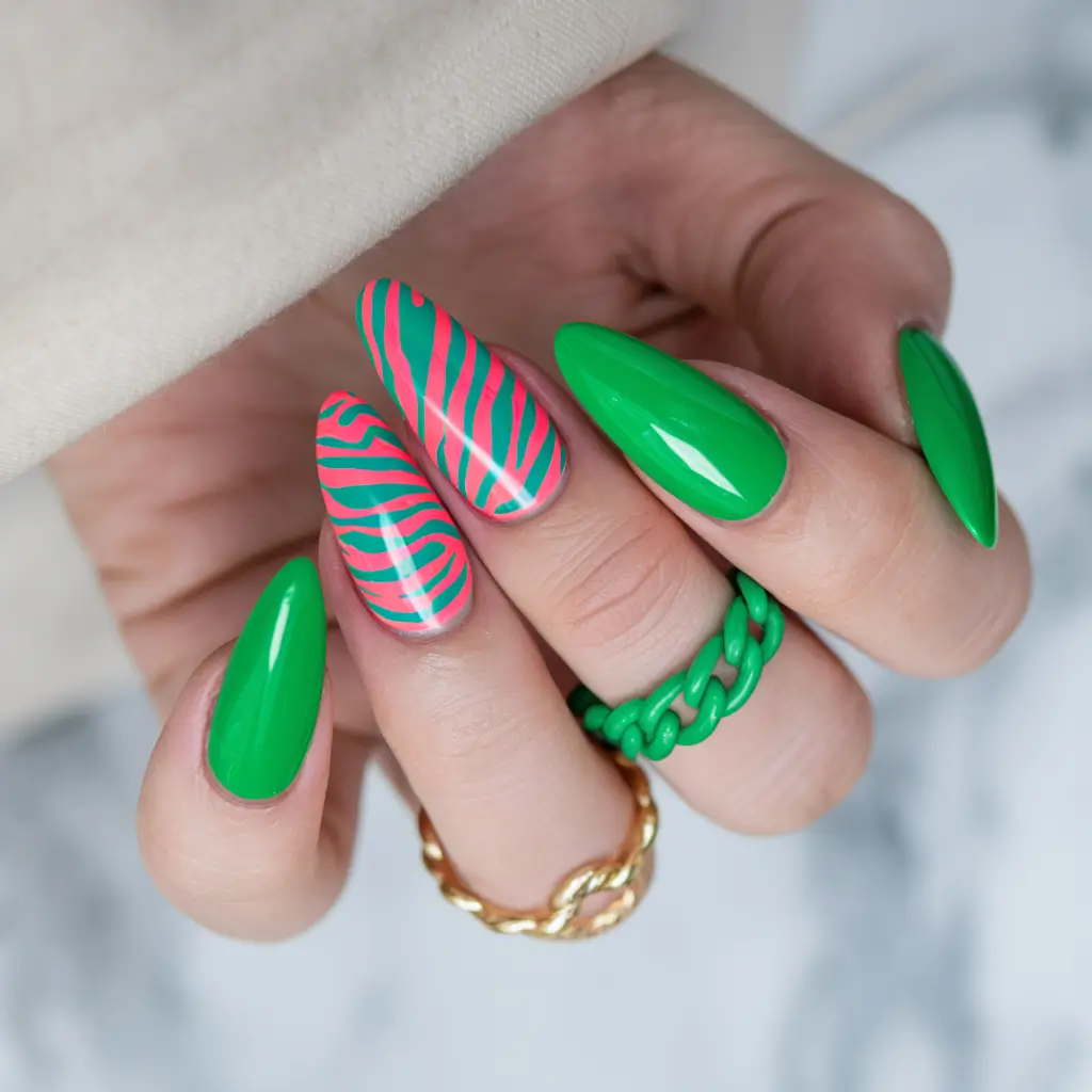 neon summer nail ideas Green Jungle With Zebra-Pink Stripes