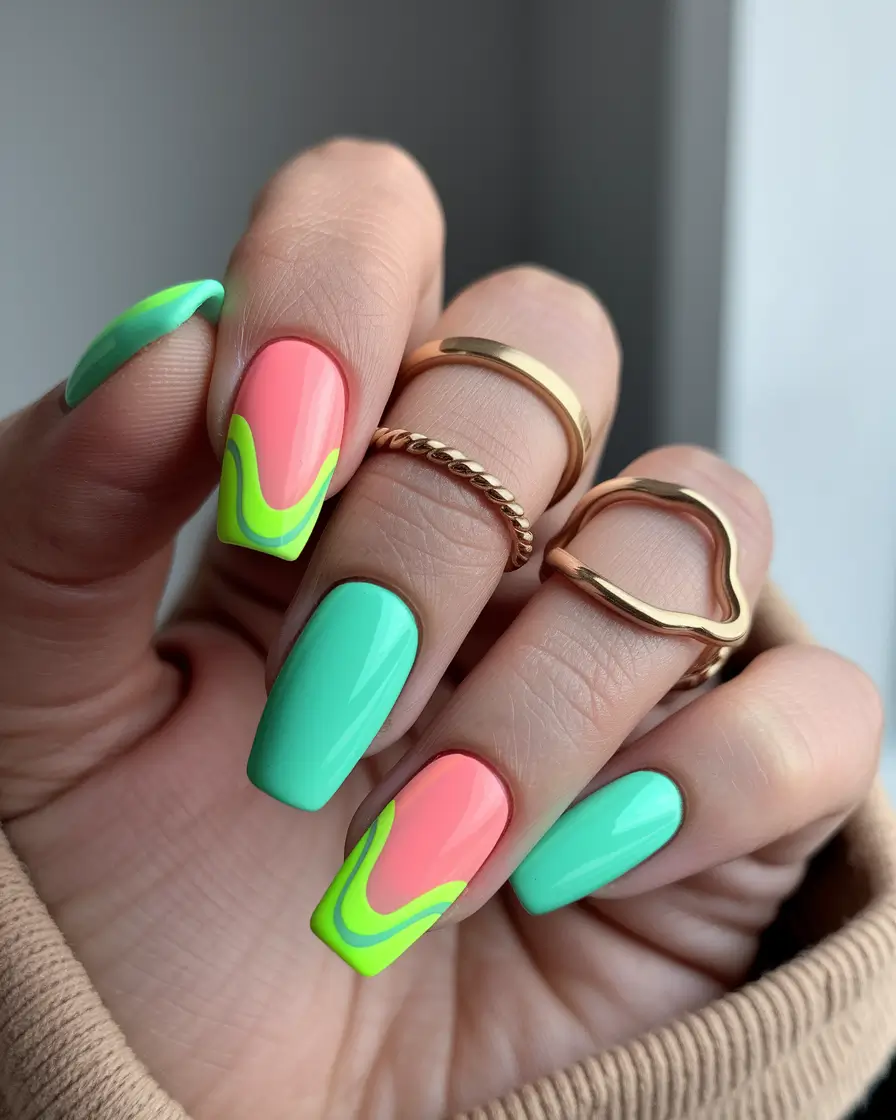 neon summer nail ideas Watermelon Waves and Cool Mint