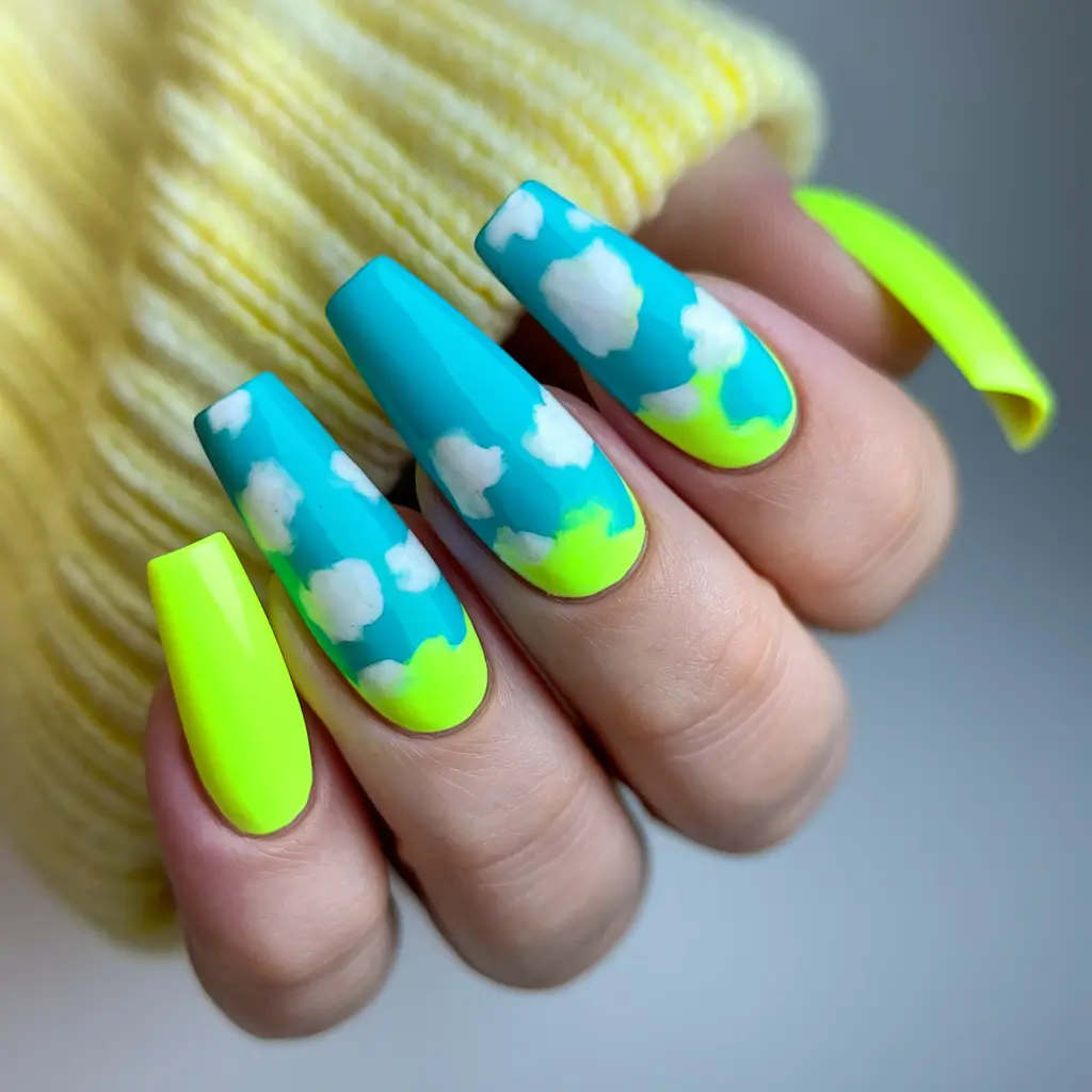 neon summer nail ideas Cloud Skies and Lime Glow
