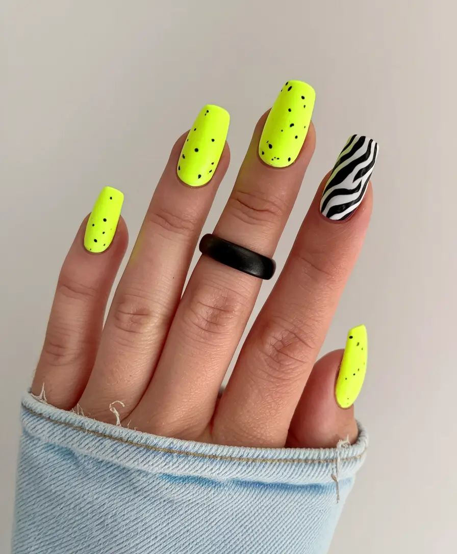 neon summer nail ideas Zebra Bite & Neon Confetti