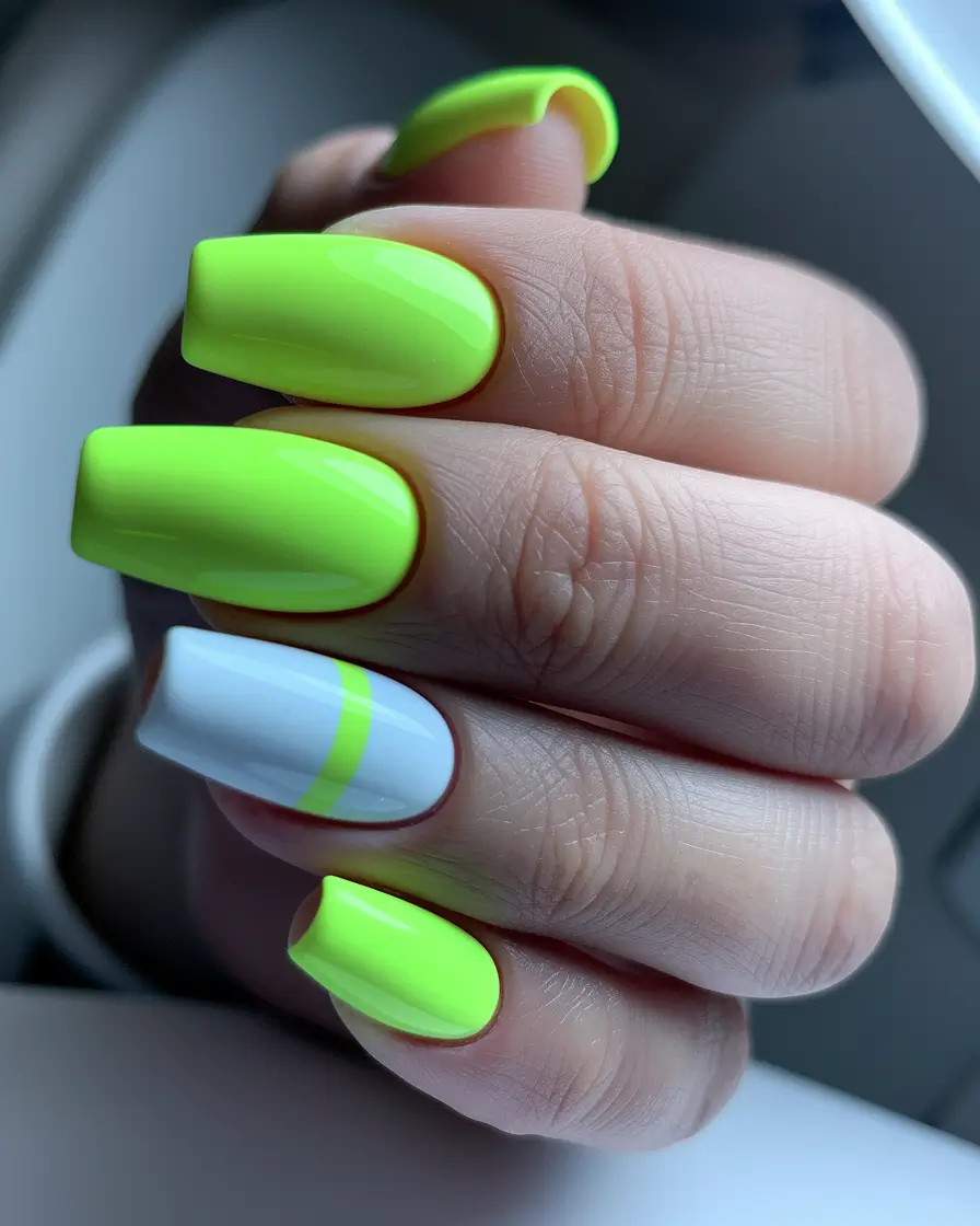 neon summer nail ideas Sunbeam Minimalism with a White Stripe Twist