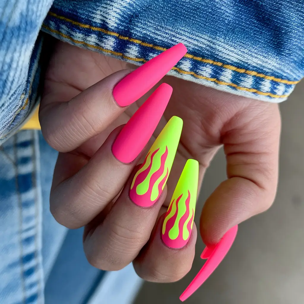 neon summer nail ideas Hot Pink Flames on Matte Neon