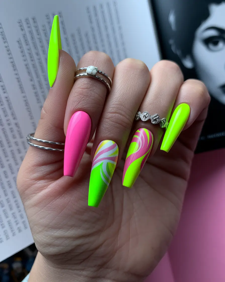 neon summer nail ideas Psychedelic Swirls and Barbie Neon