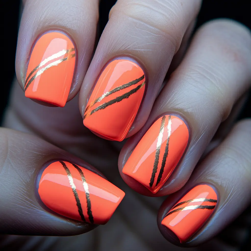 neon summer nail ideas Glossy Orange with Metallic Strikes