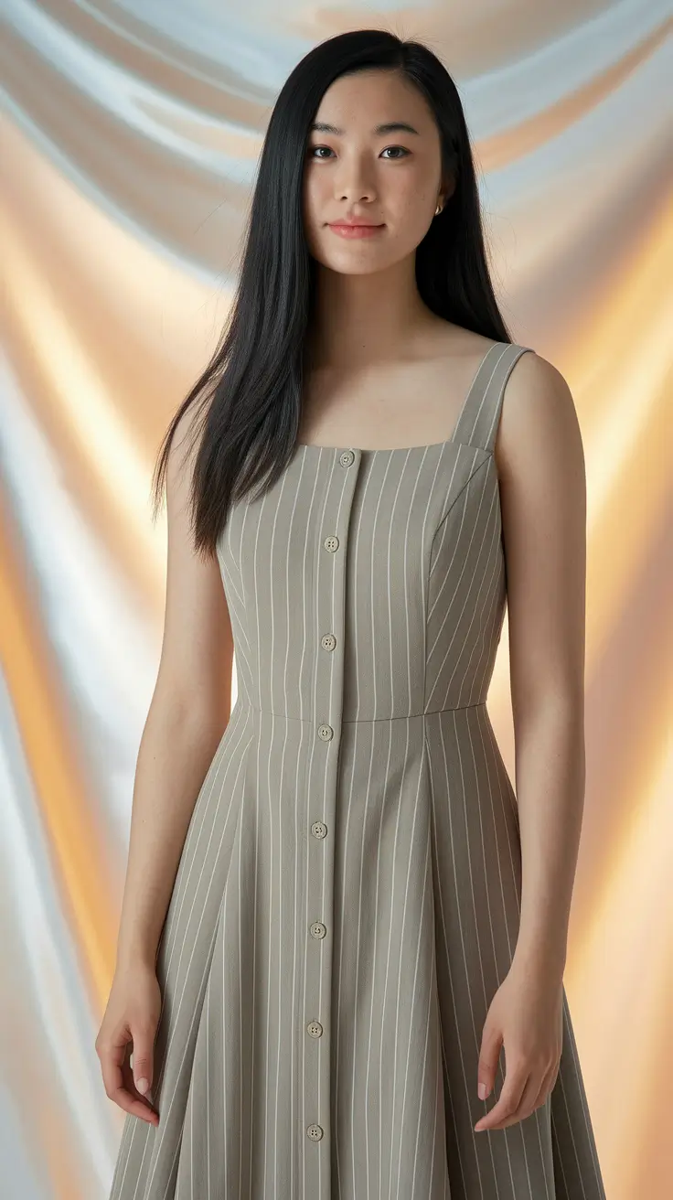 Beige Striped Button-Down Midi Dress