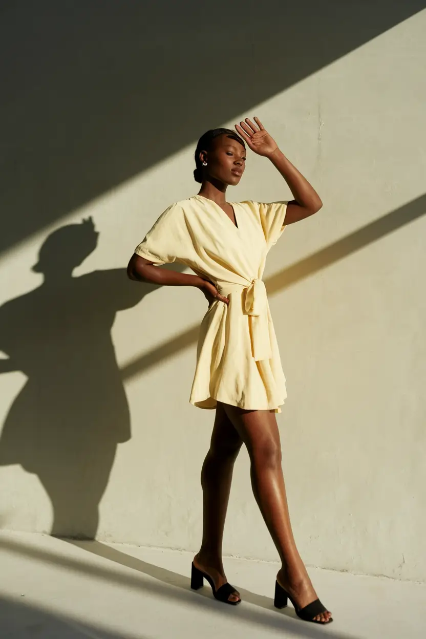 Yellow Wrap Dress with Black Mules