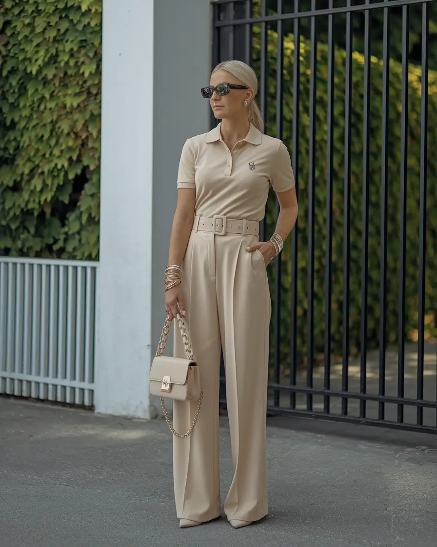 Beige Polo with High-Waisted Wide-Leg Pants