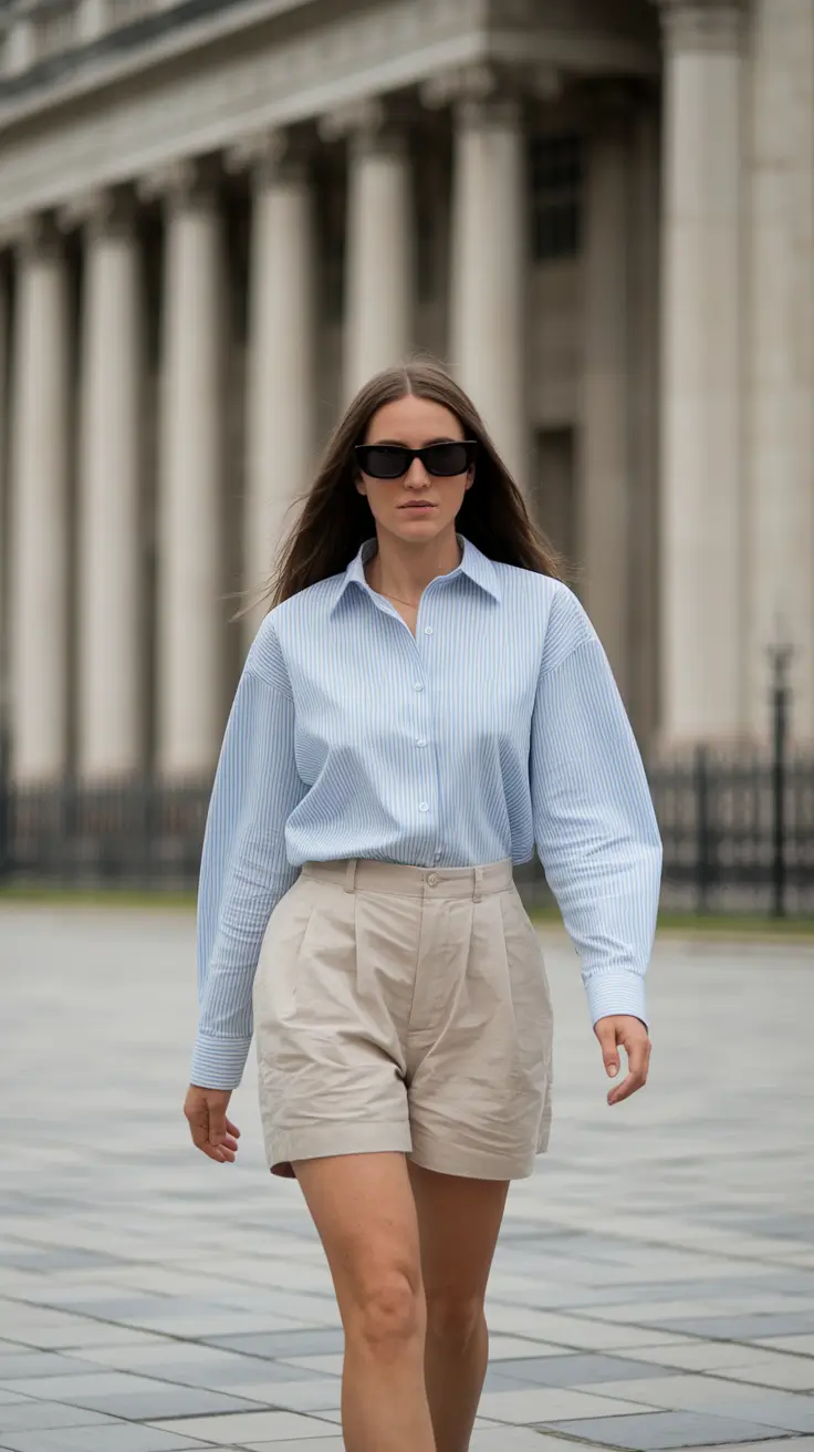 Blue Striped Shirt with Beige High-Waisted Shorts