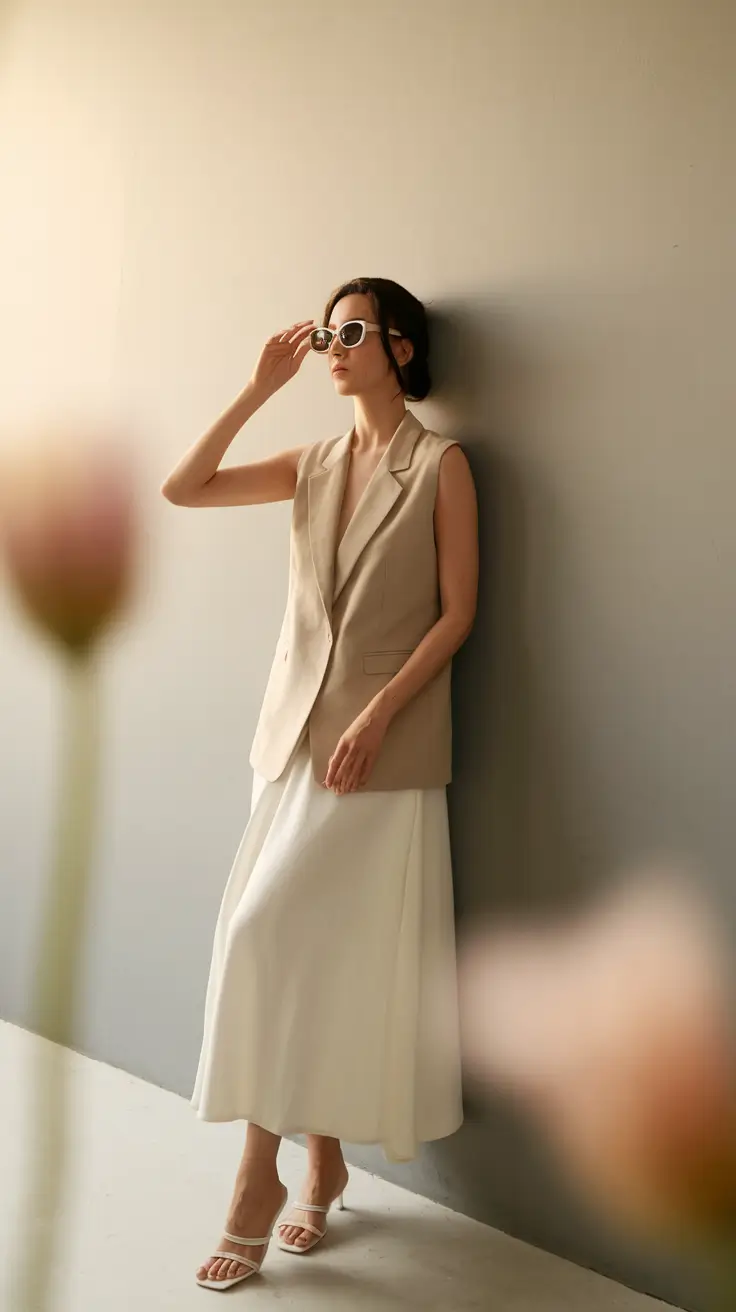 Beige Sleeveless Blazer with Midi Skirt