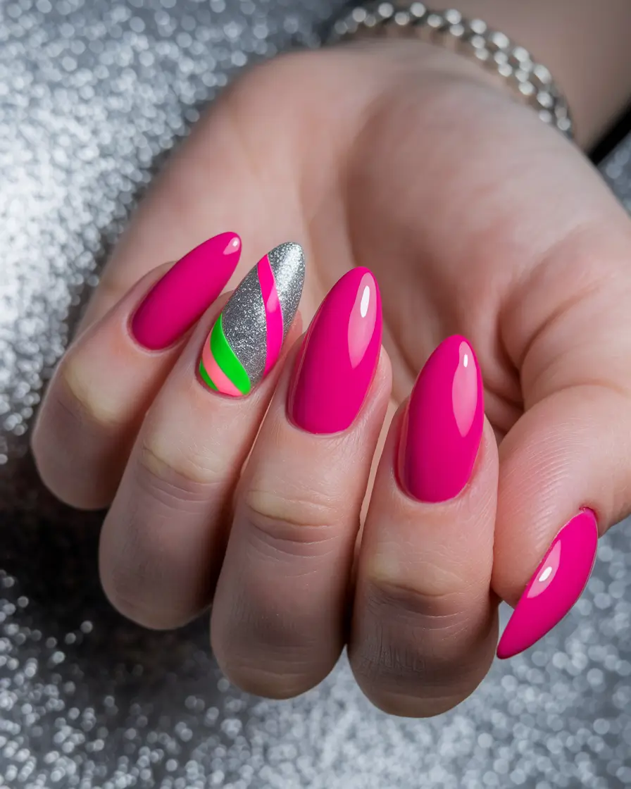 simple summer nails color pop with silver and lime