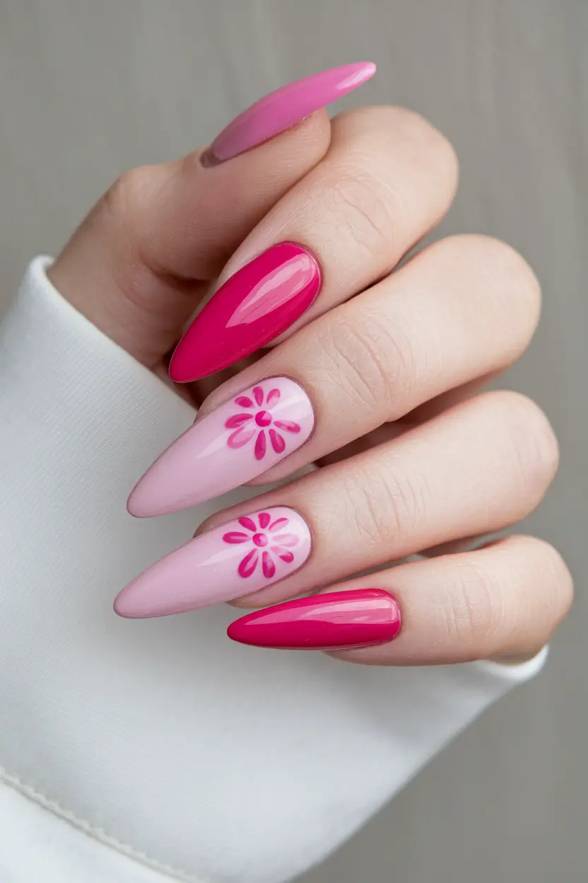 simple summer nails floral fade in bubblegum pink