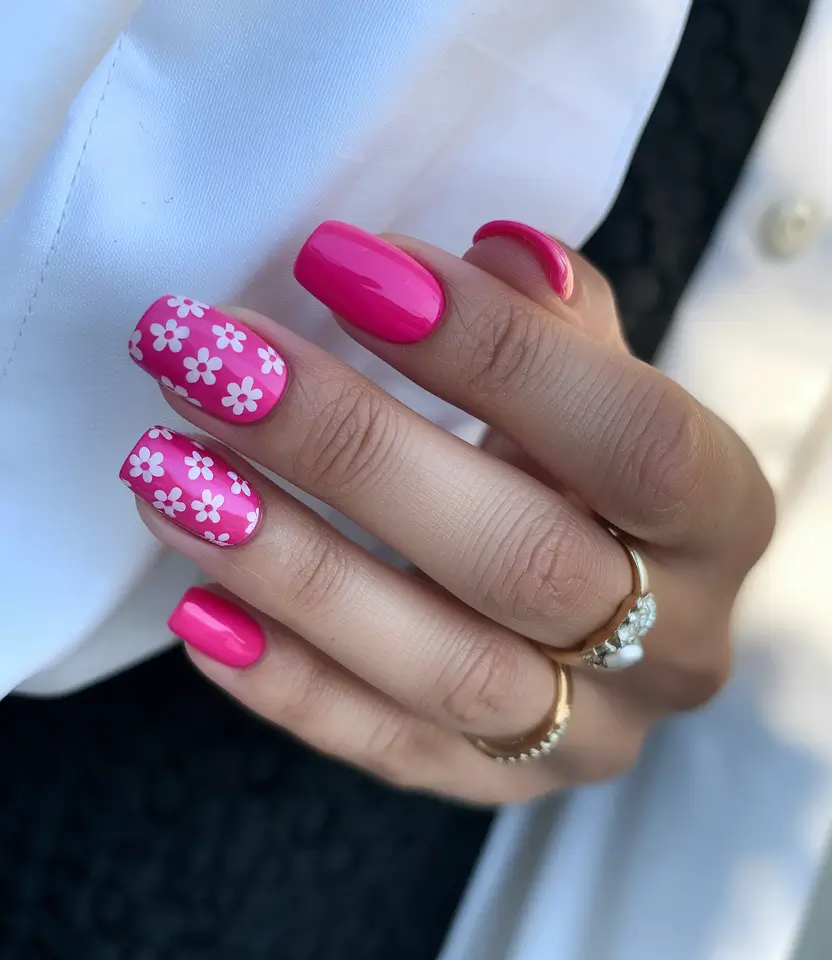 simple summer nails daisies on a glossy pink base