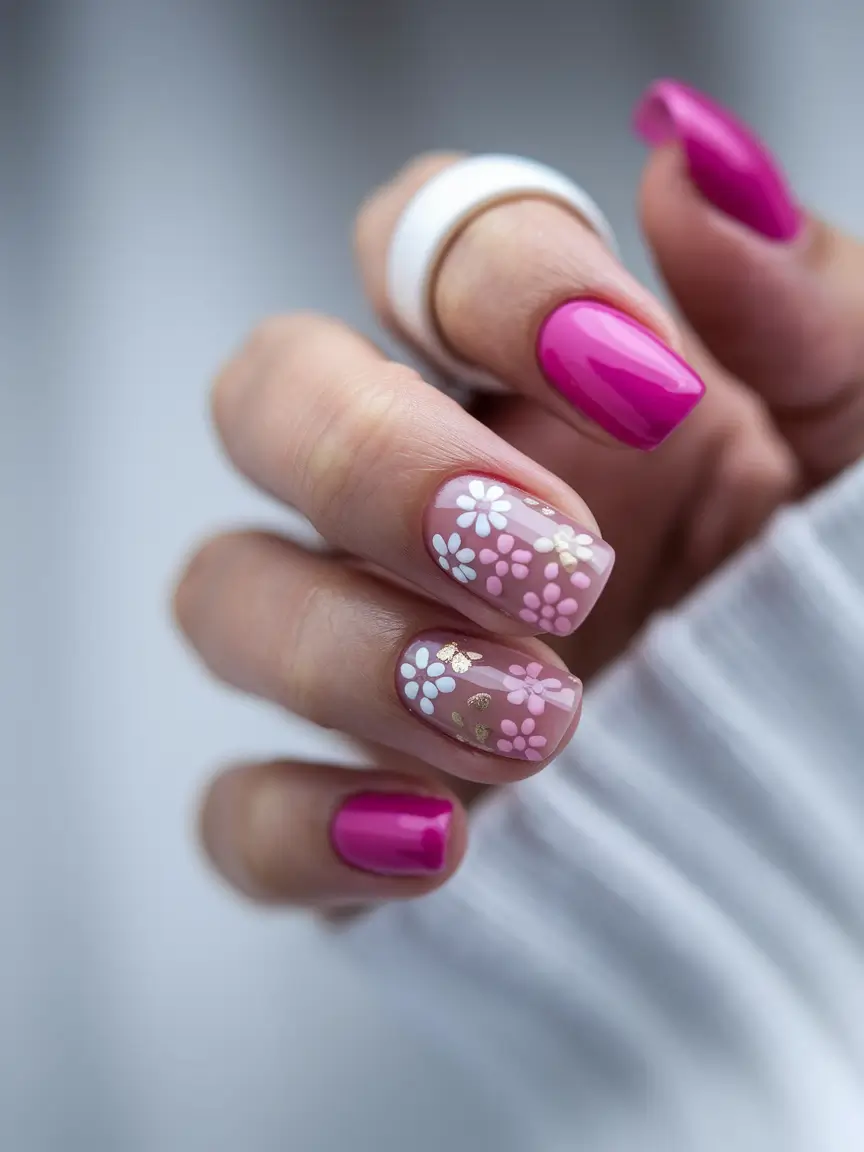 simple summer nails retro florals with soft gold accents