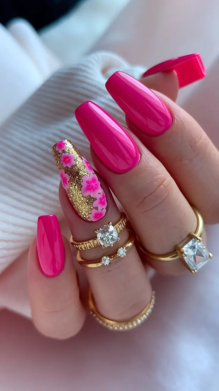 simple summer nails gold leaf and floral fantasy