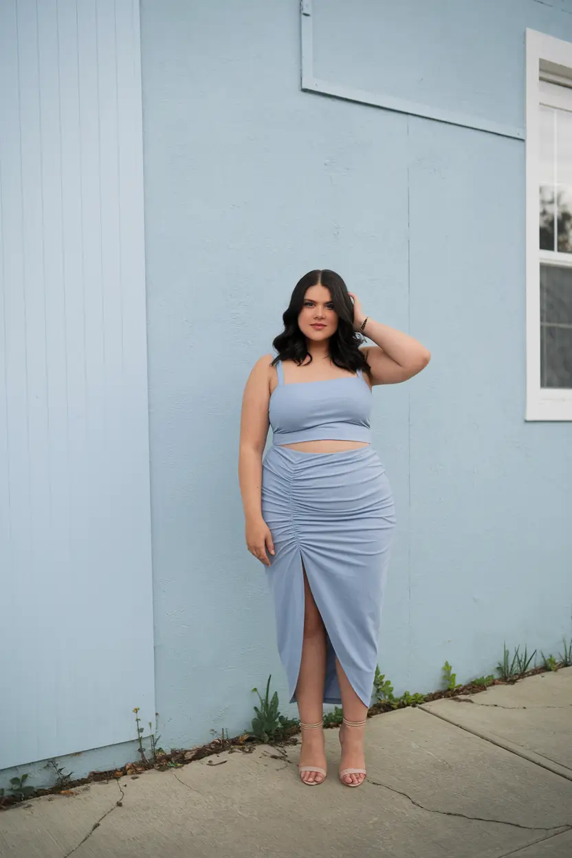 plus size outfits ideas summer 2025 Sky Blue Ruched Dress for a Summer Evening