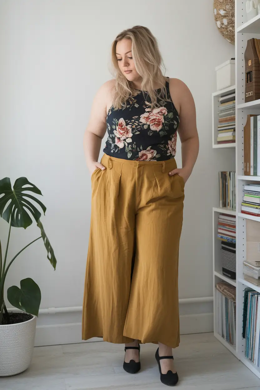 plus size outfits ideas summer 2025 Floral Top and Mustard Wide-Leg Pants