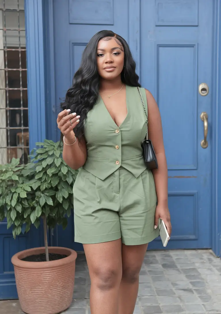 plus size outfits ideas summer 2025 Olive Green Vest and Shorts Set