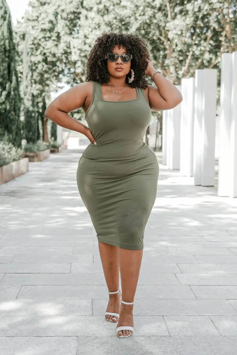 plus size outfits ideas summer 2025 Curve-Hugging Olive Midi Dress