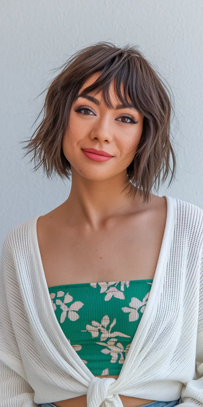 Shaggy Haircuts Trending Summer Mini Bob Shag with Baby Bangs