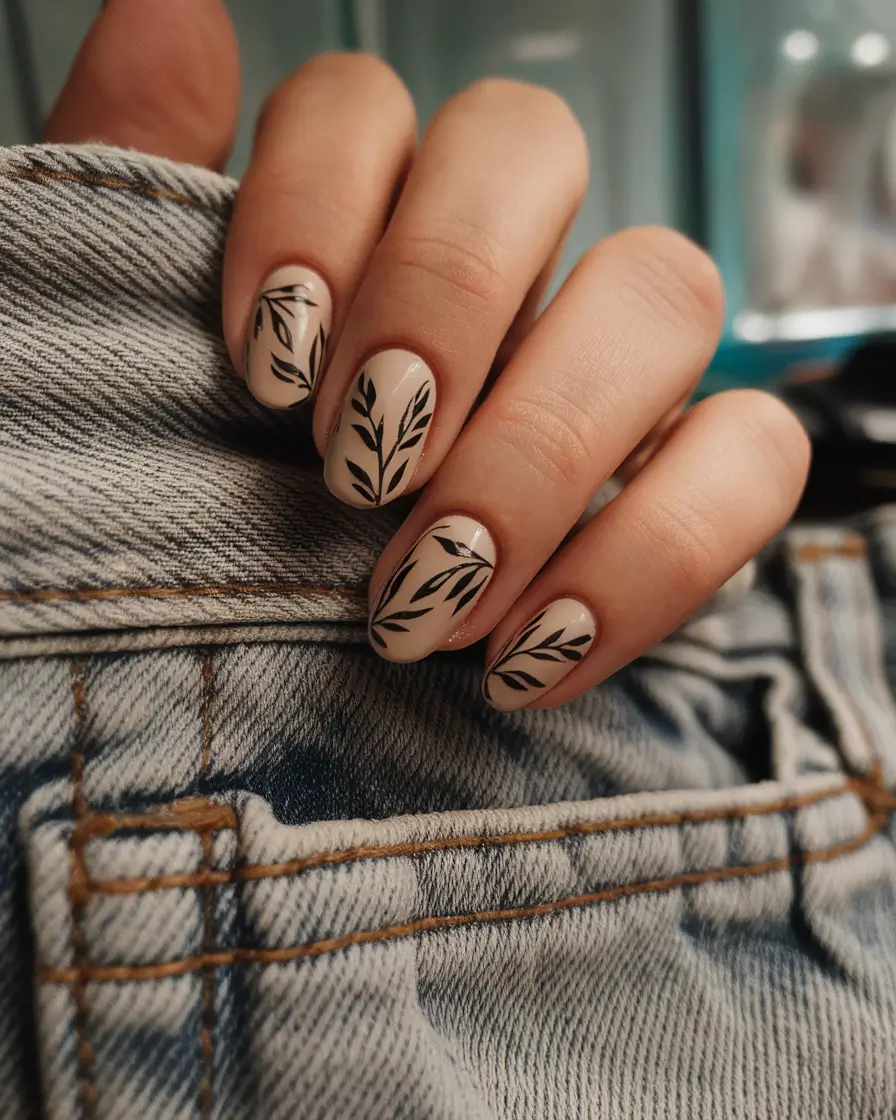 short summer nails 2025 Elegant Leafy Minimalism
