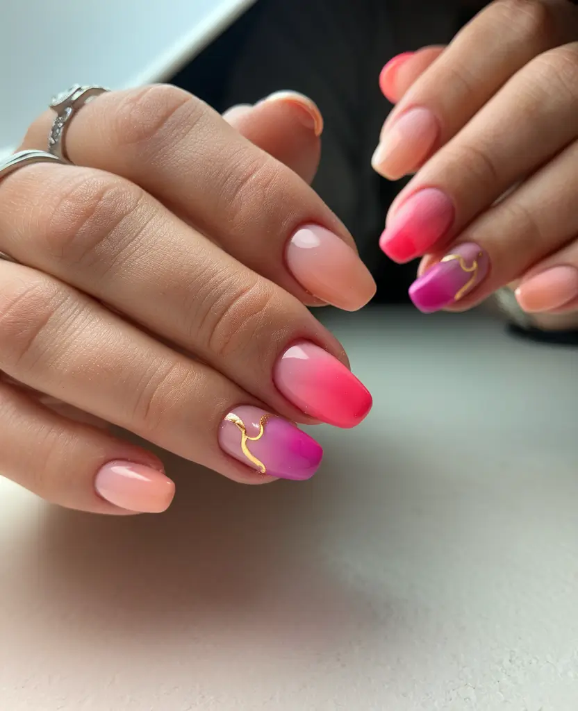 short summer nails 2025 Peachy Pink Ombre with Gold Accents