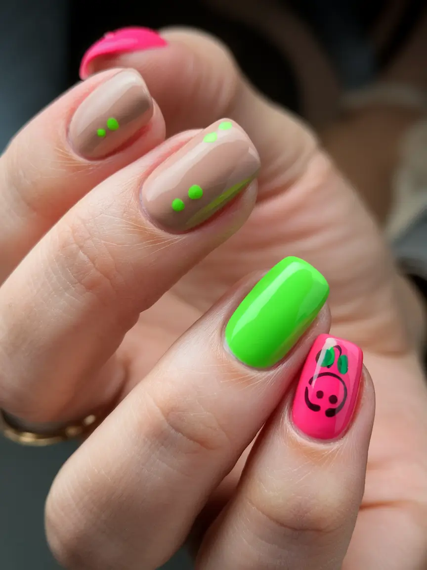short summer nails 2025 Neon Smiley Faces and Dots