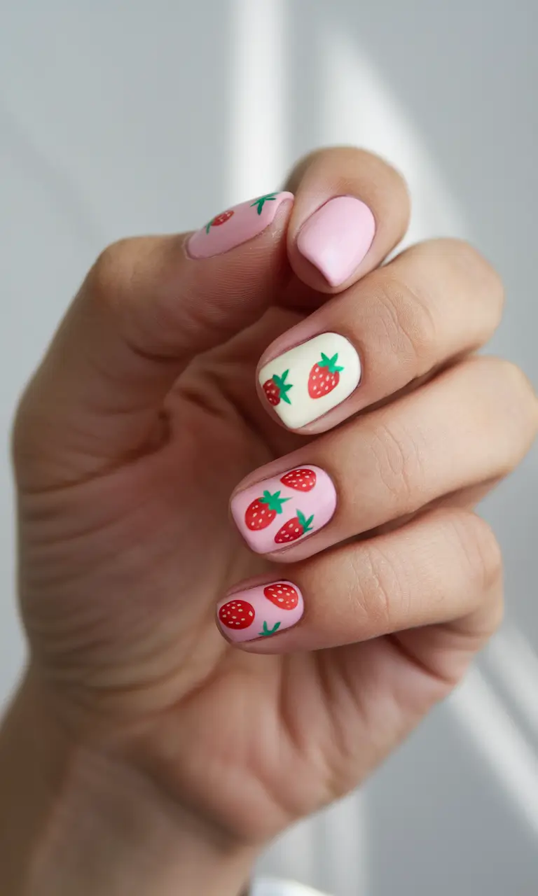 short summer nails 2025 Sweet Strawberry Fields