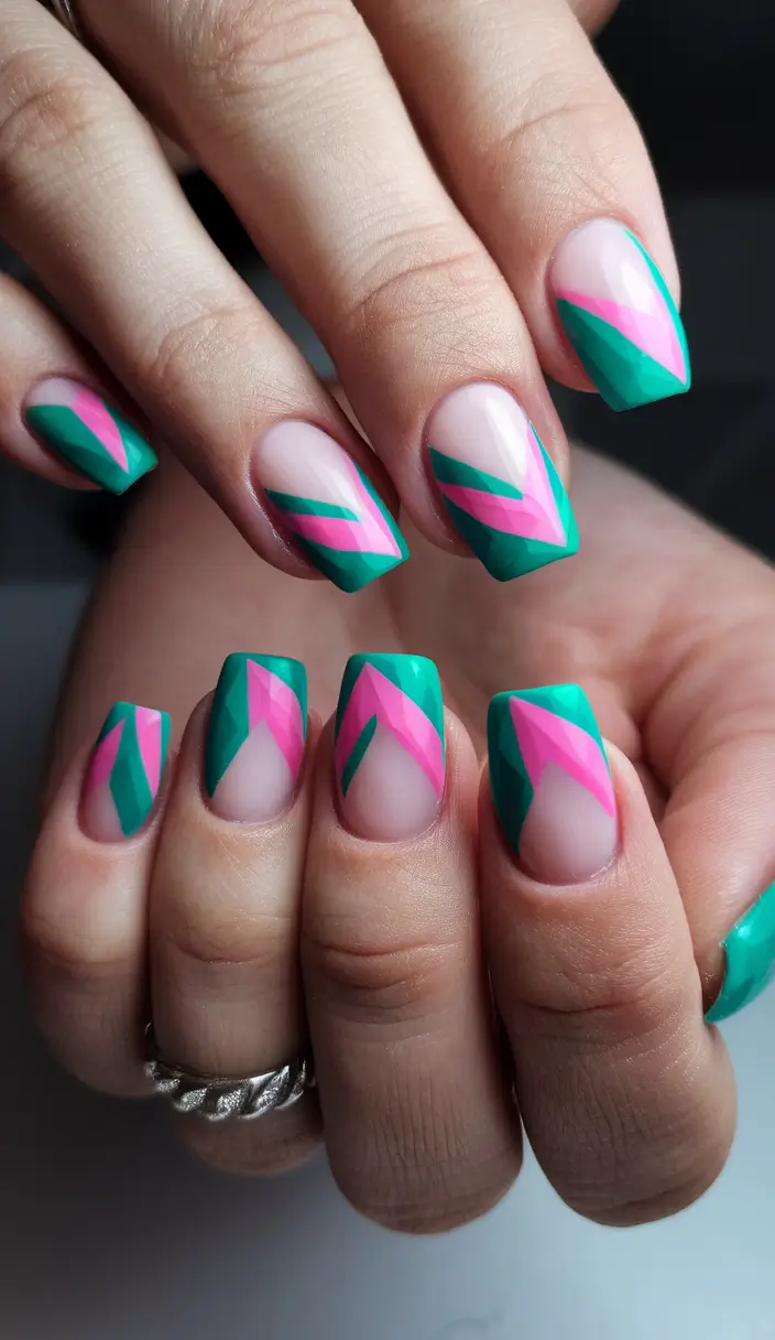 short summer nails 2025 Vibrant Tropical Geometric