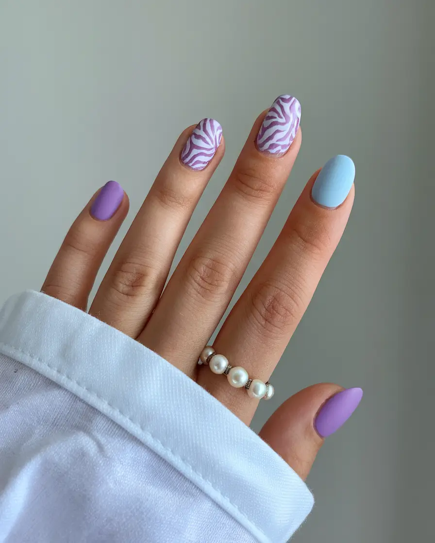 short summer nails 2025 Lavender Zebra and Sky Blue Combo