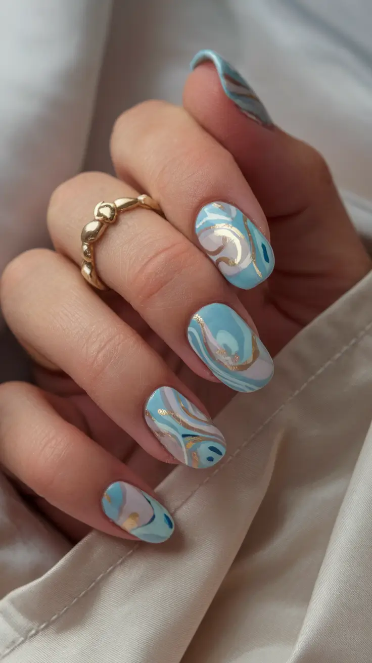 short summer nails 2025 Golden Waves of the Ocean