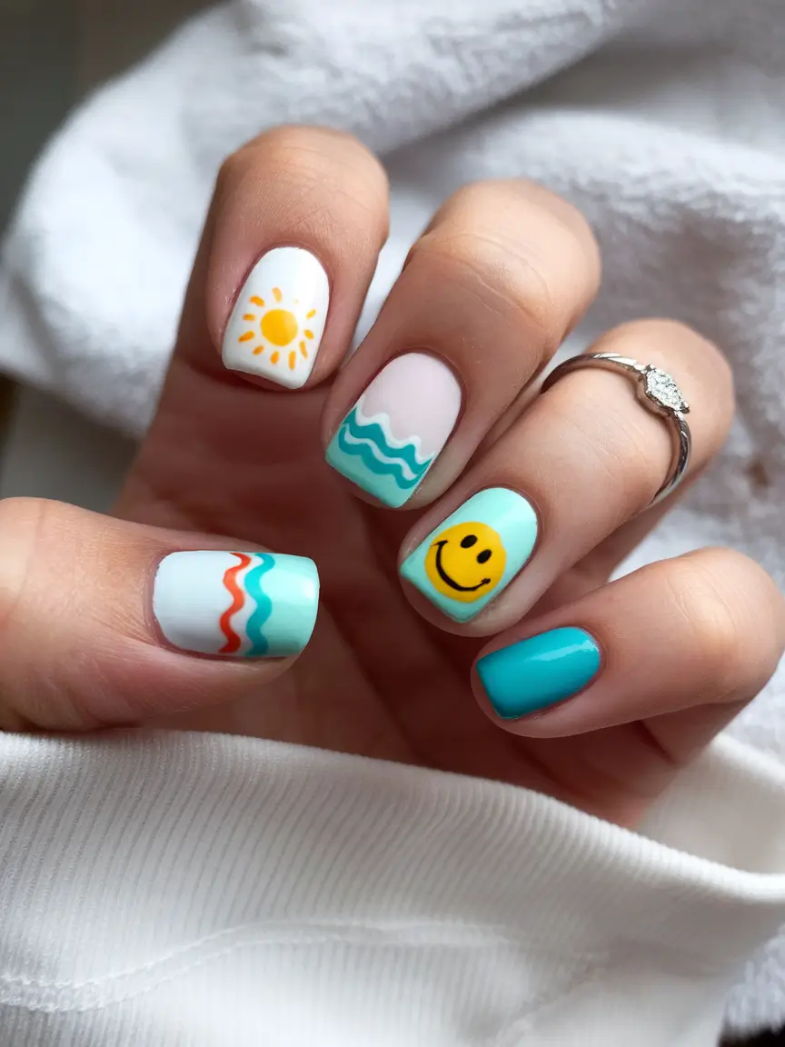 short summer nails 2025 Summer Vibes: Smiley Faces and Waves