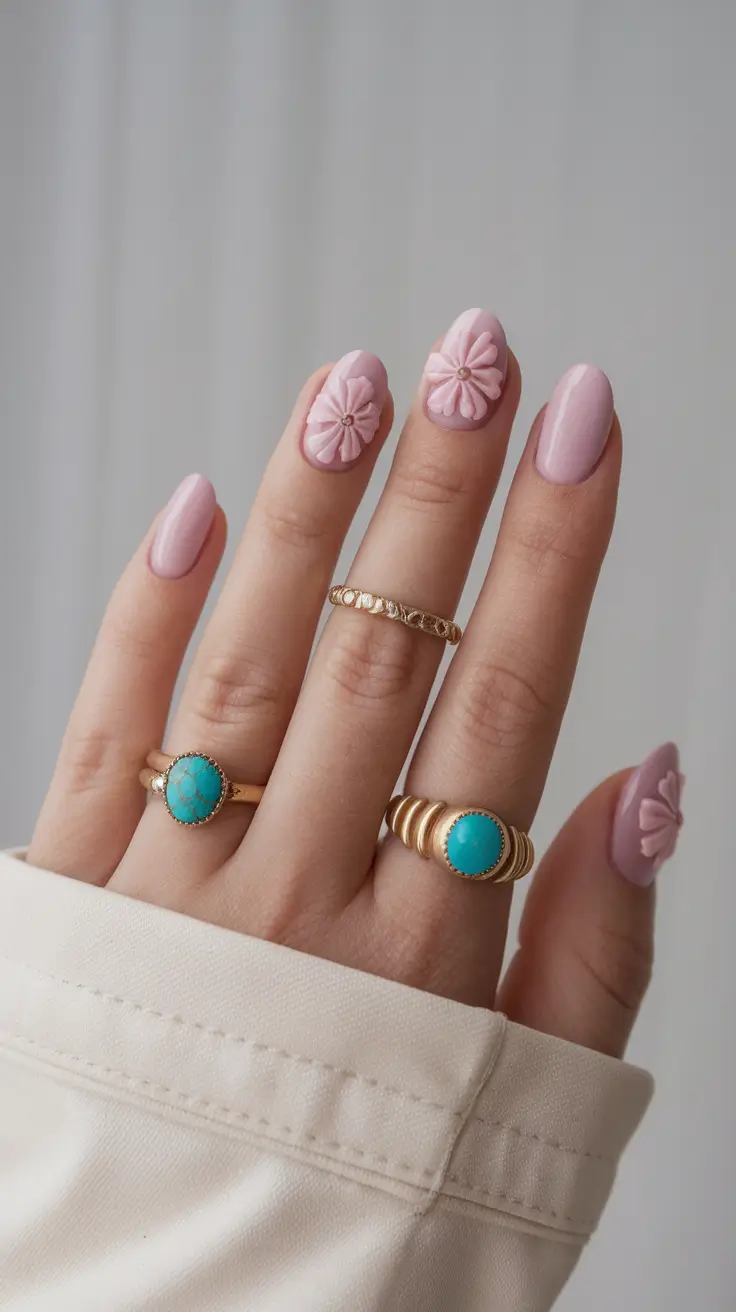 short summer nails 2025 3D Flowers on Soft Pink