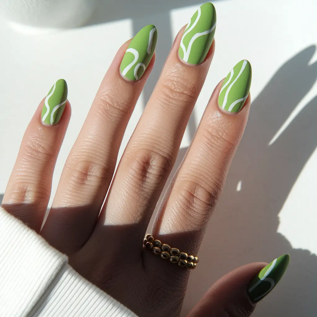 simple summer nails+Matte Green with Minimalist Art Waves