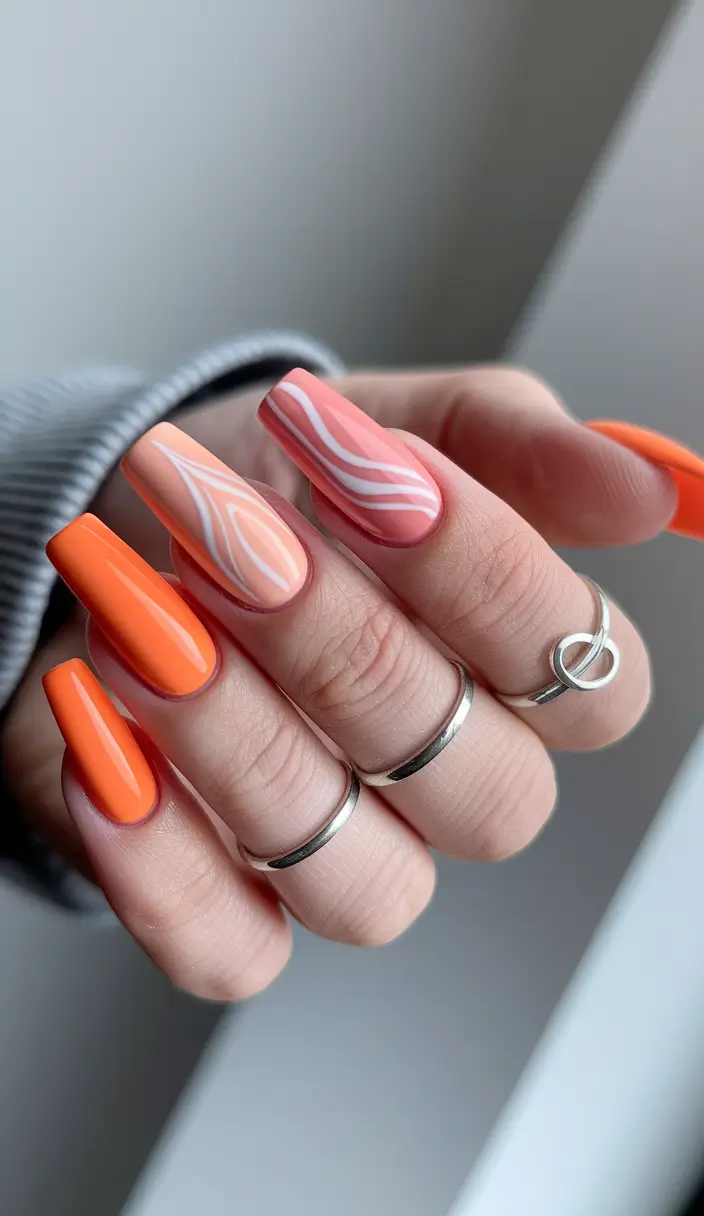 simple summer nails+Orange Sherbet with Abstract Wave Accents