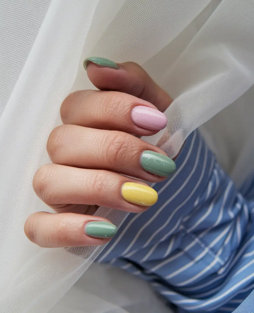 simple summer nails+Pastel Garden Glitter on Short Rounds