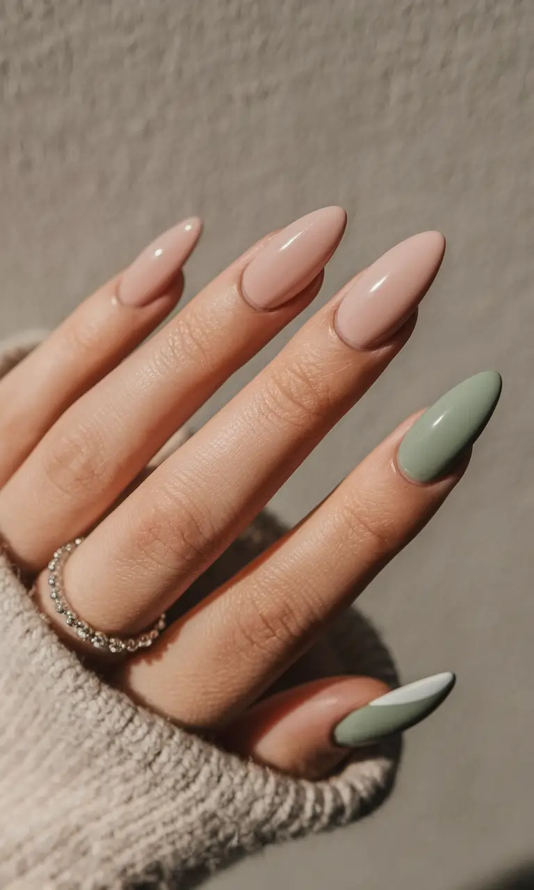 simple summer nails+Nude & Sage Minimalism with Almond Tips