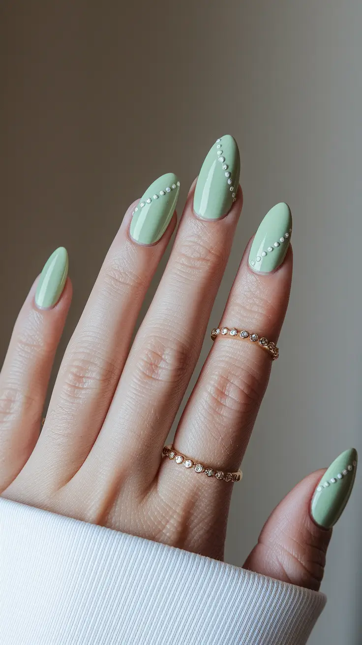 simple summer nails+Mint Green Elegance with Tiny Pearls