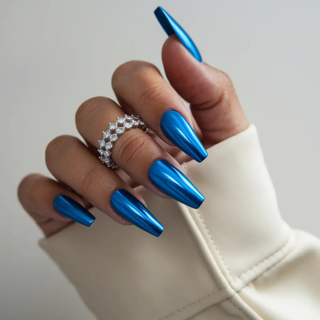 simple summer nails+Electric Blue with Glossy Chrome Finish